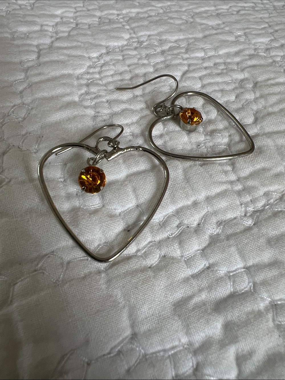 Silver Heart Hoop Earrings with Amber Crystal Accent